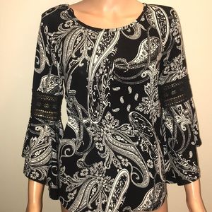 Paisley Boho top with crochet bell sleeve small